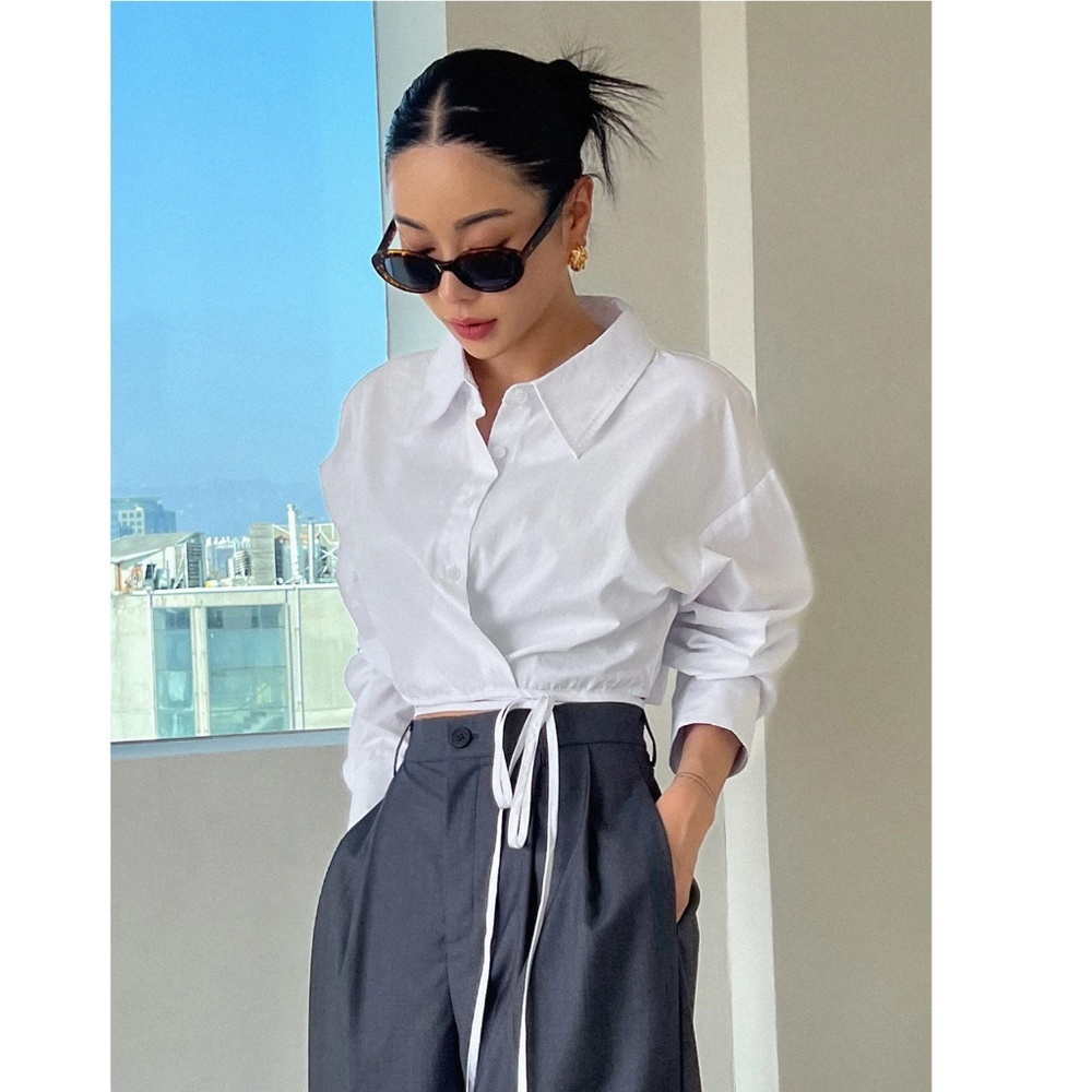 Cotton White Crop Button Up Down Was it Ties Long Sleeve Collared Shirt - Picture 6 of 10